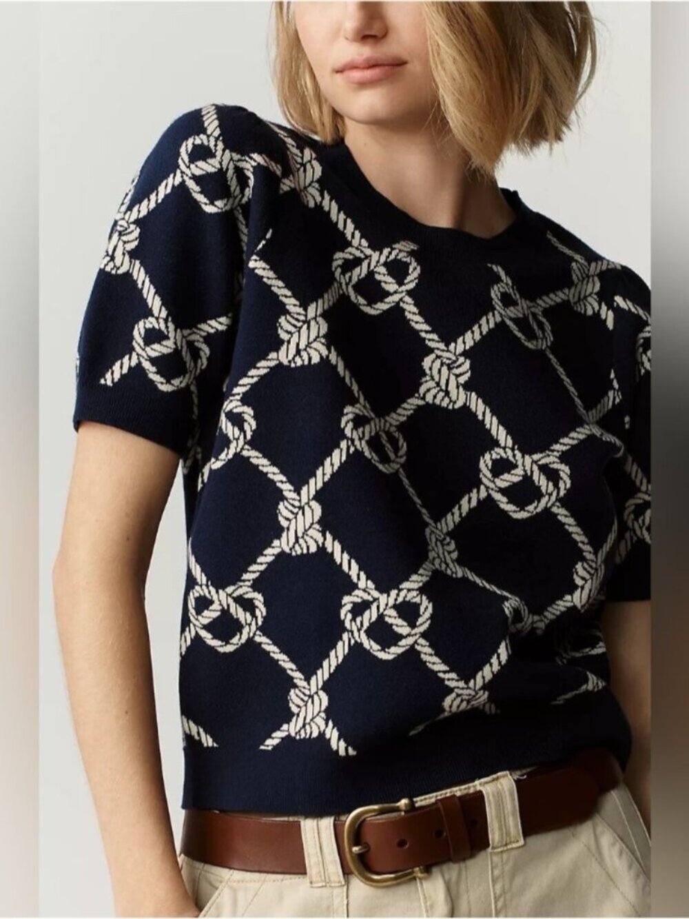 NWT Size L - Maeve Sloane Short- Puff-Sleeve Knitted Sweater Top Navy